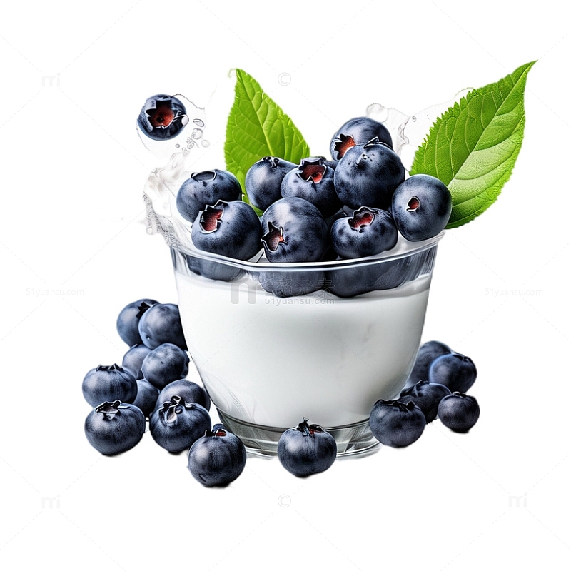 3D立体水果蓝莓溅起牛奶玻璃杯叶子
