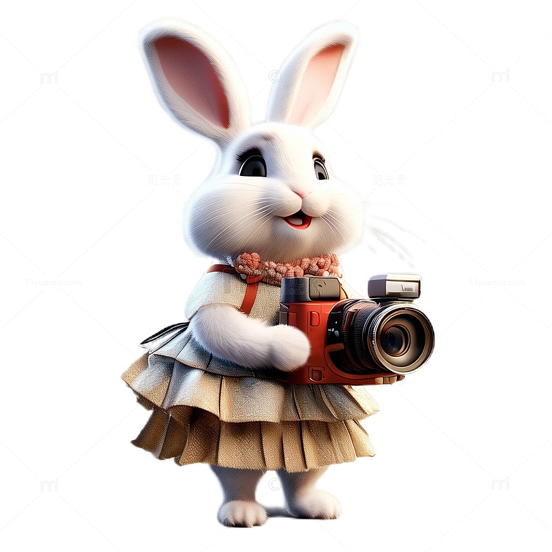 3D立体卡通可爱兔子摄像机郊游米色裙子