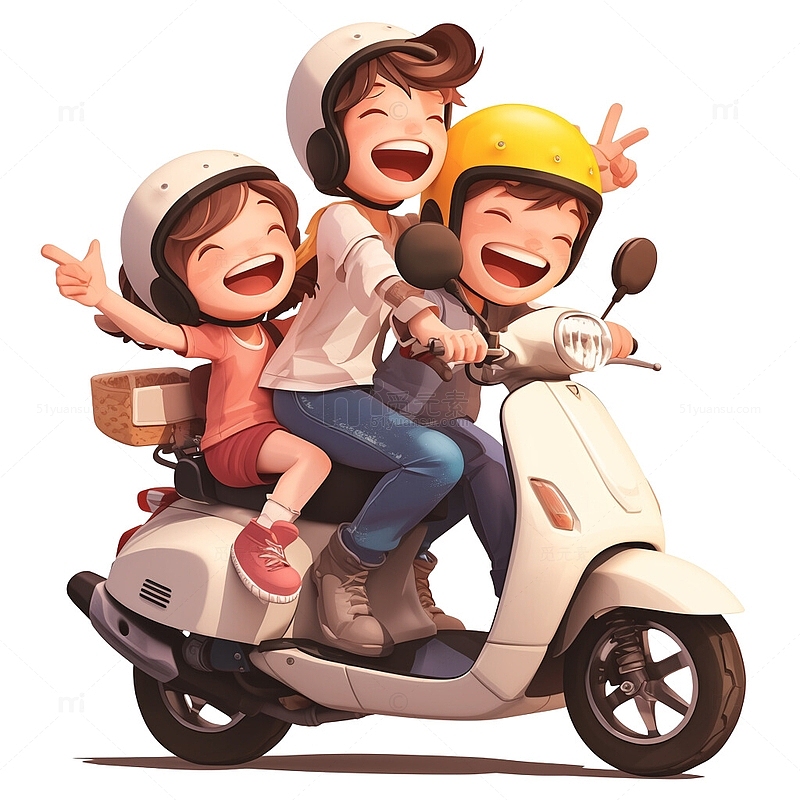骑摩托车电瓶车户外兜风郊游的一家人插画
