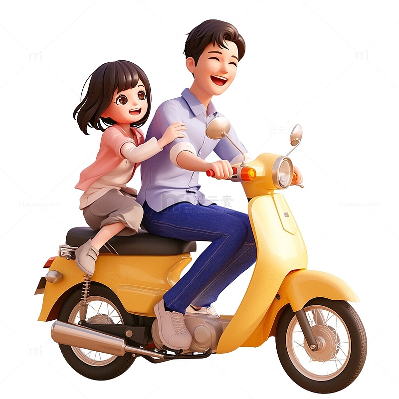 骑摩托车电瓶车户外兜风郊游的父女插画