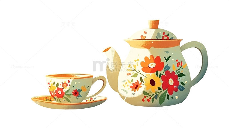 花朵茶壶茶杯卡通组合元素