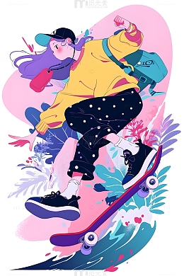 滑滑板的女生扁平插画风格