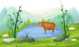 清明节山水户外水塘水牛插画元素