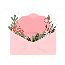 粉色信封爱心花草元素