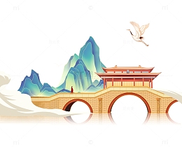 国潮桥梁建筑山水国风元素