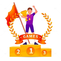 卡通手拿奖杯站在颁奖台上的男生