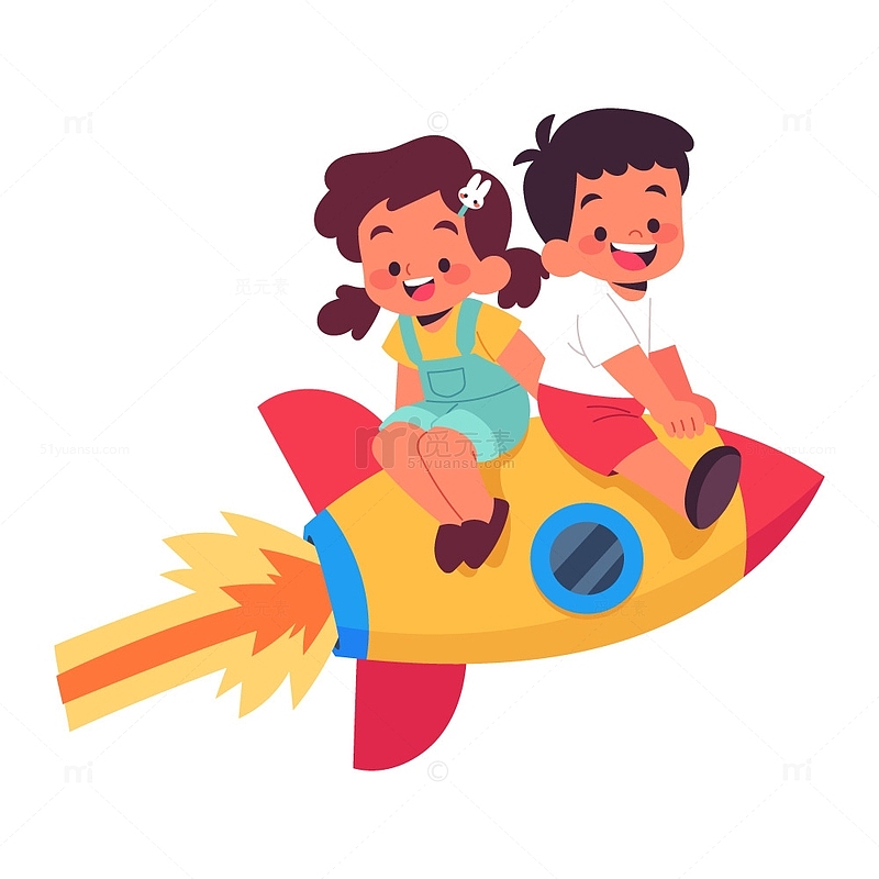 乘坐火箭的儿童插画元素