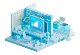 3D蓝色办公桌智能商务办公