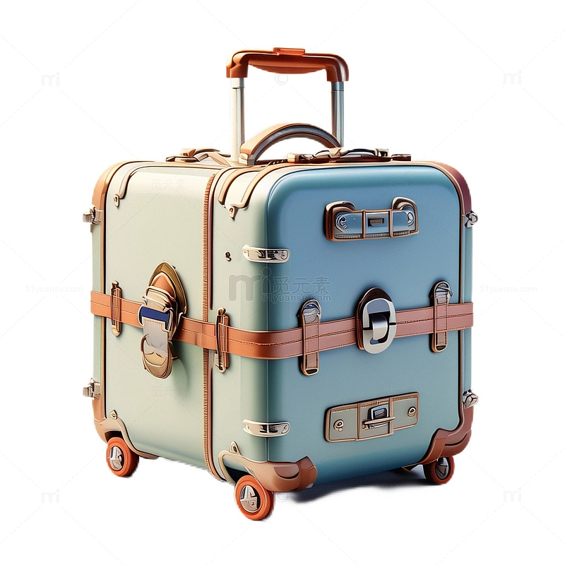 3D立体卡通老式行李箱拉杆淡蓝色