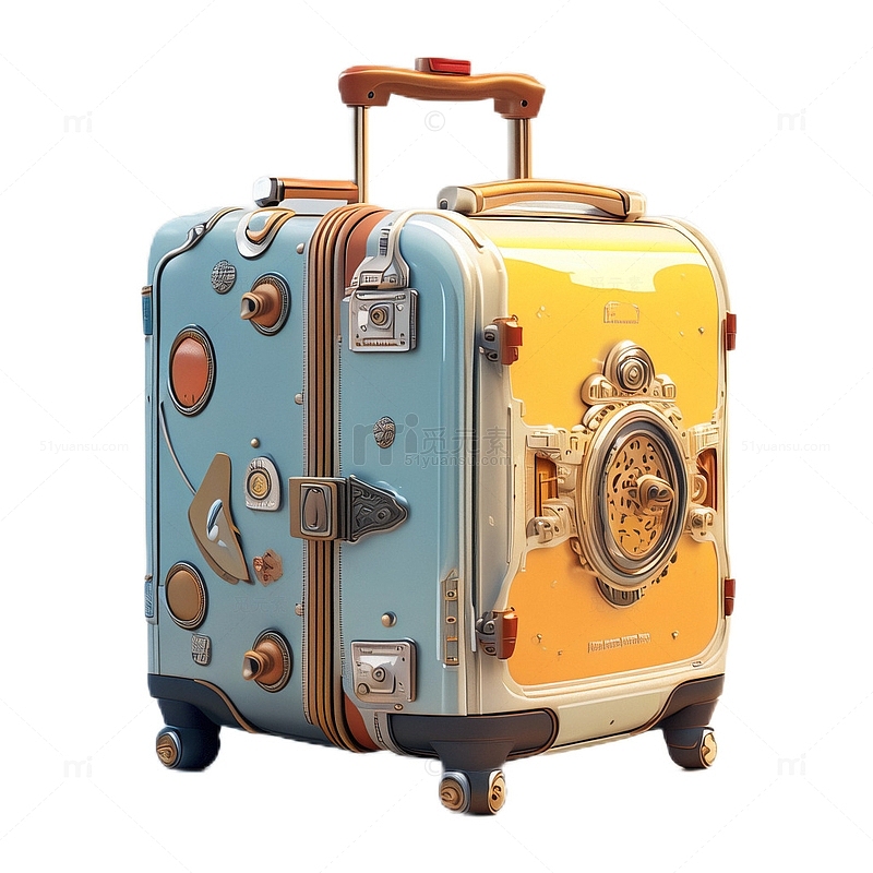 3D立体卡通老式行李箱拉杆黄色