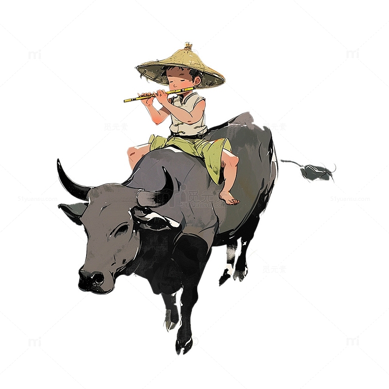吹笛子的儿童骑着水牛