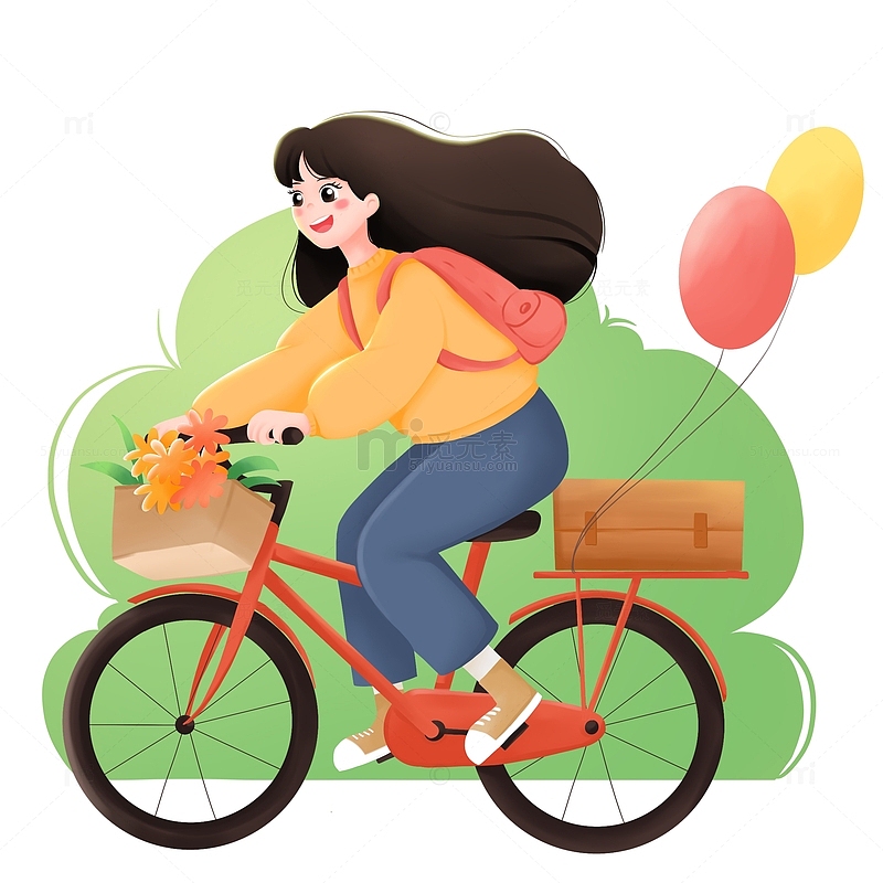 春天骑自行车出游踏青春游人物插画