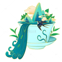 卡通手绘山水茶杯燕子创意手绘元素