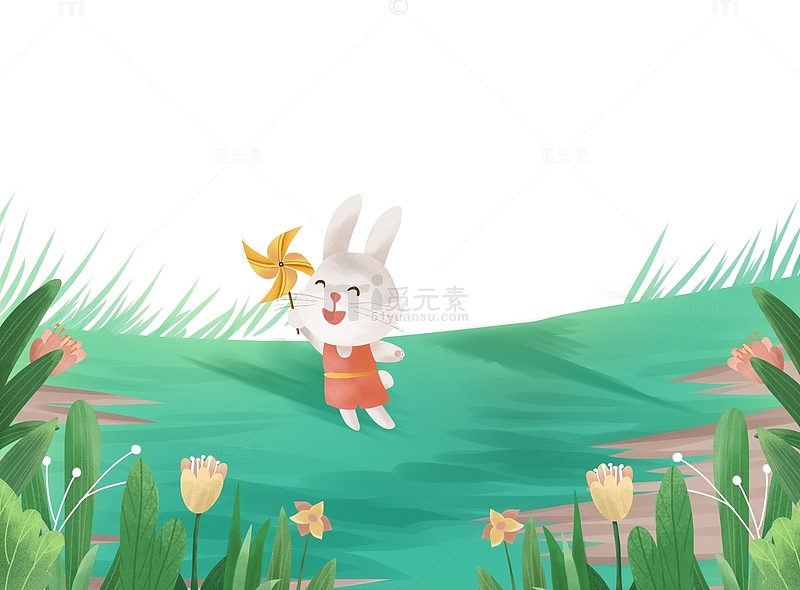 草地上玩风车的小白兔