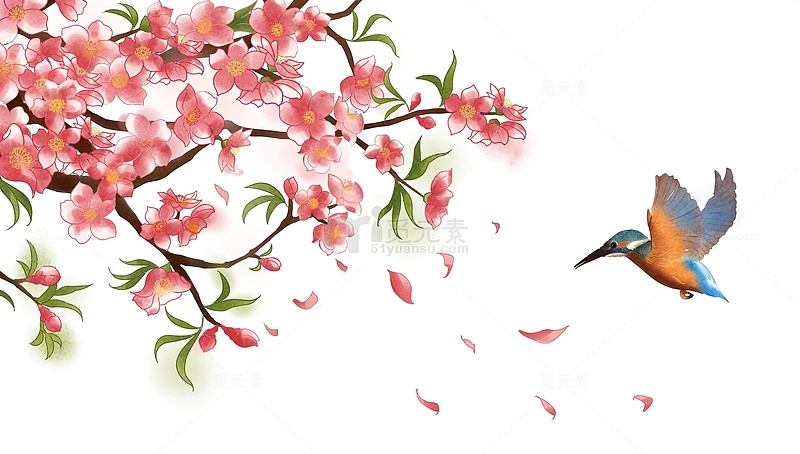 樱花桃花蜂鸟麻雀元素