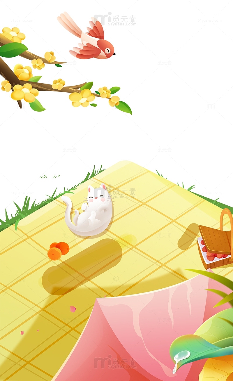 户外野餐猫咪卡通插画