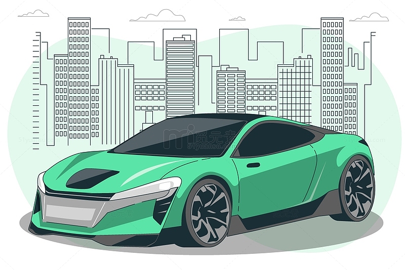 城市里的绿色跑车插画