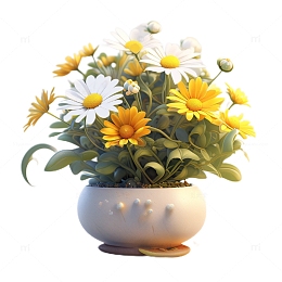 3D立体卡通小雏菊盆栽植物花朵