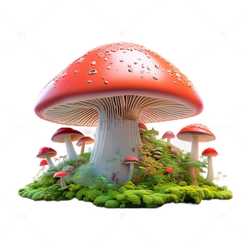 3D立体卡通菌类蘑菇苔藓红色