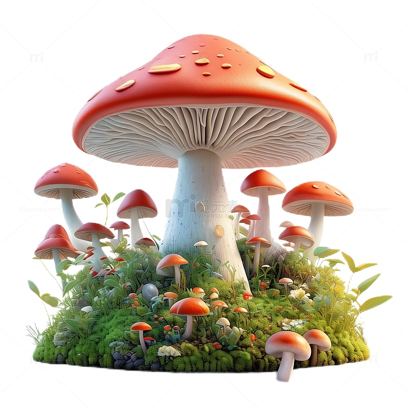 3D立体卡通菌类蘑菇红色
