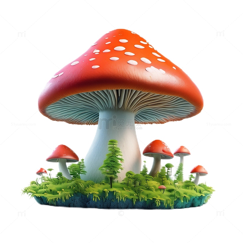 3D立体卡通菌类蘑菇红色植物