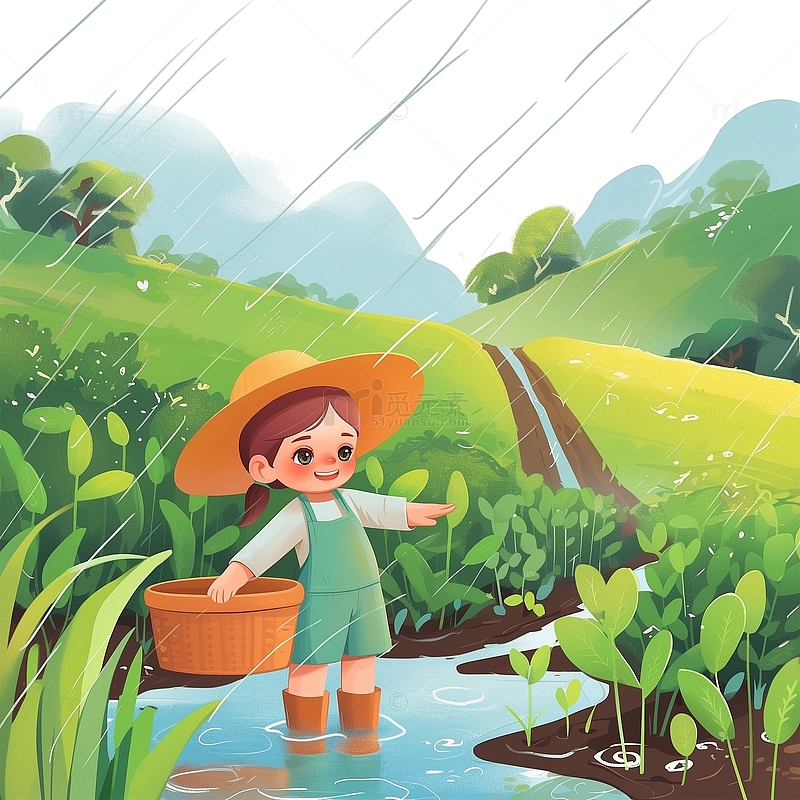 谷雨雨水节气卡通人物素材