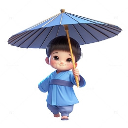 谷雨季节撑着雨伞避雨的传统汉服小孩