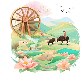 春耕水车风景插画素材