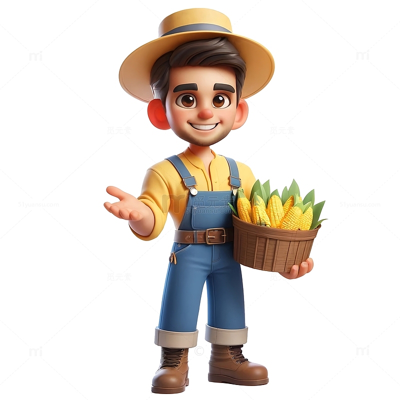 3D卡通农民抱一筐玉米元素