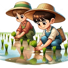 两个农民春耕场景图卡通风格