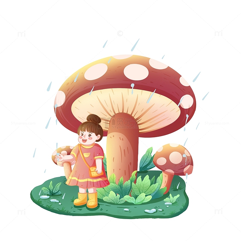 谷雨节气女孩蘑菇下躲雨元素草地植物春季