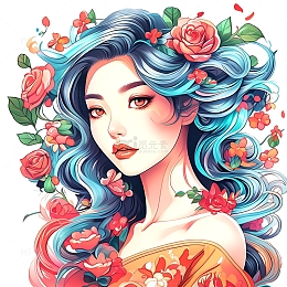 玫瑰花女孩彩妆艺术插画