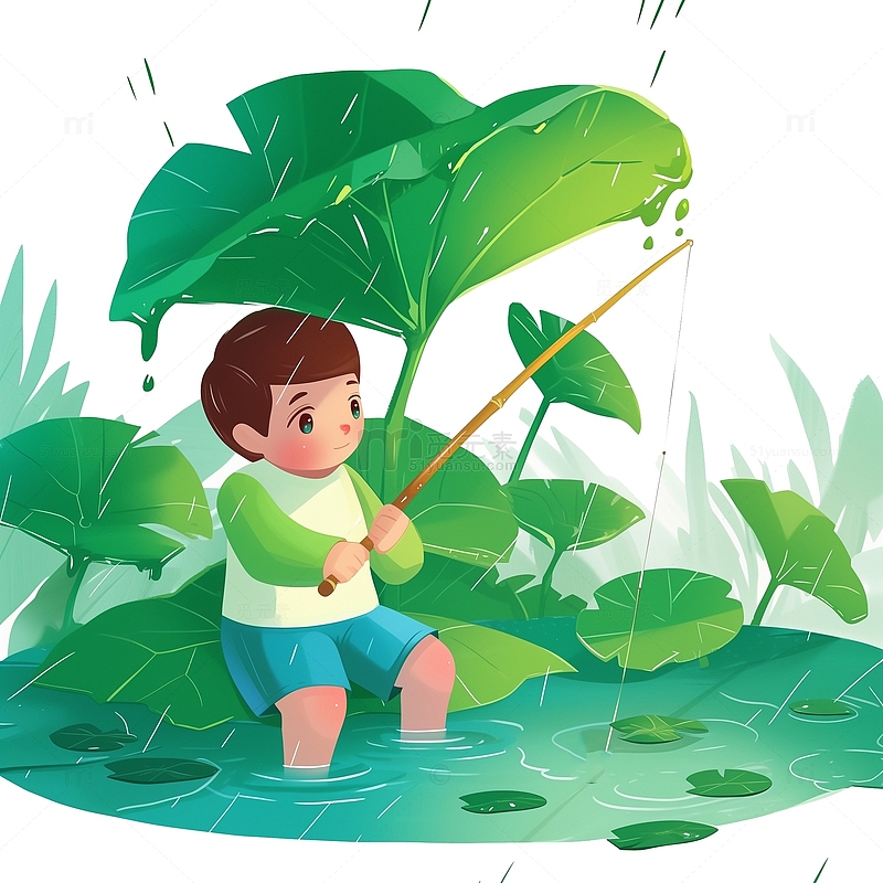 雨水节气卡通人物钓鱼场景