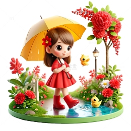 3D卡通小女孩雨水卡通元素