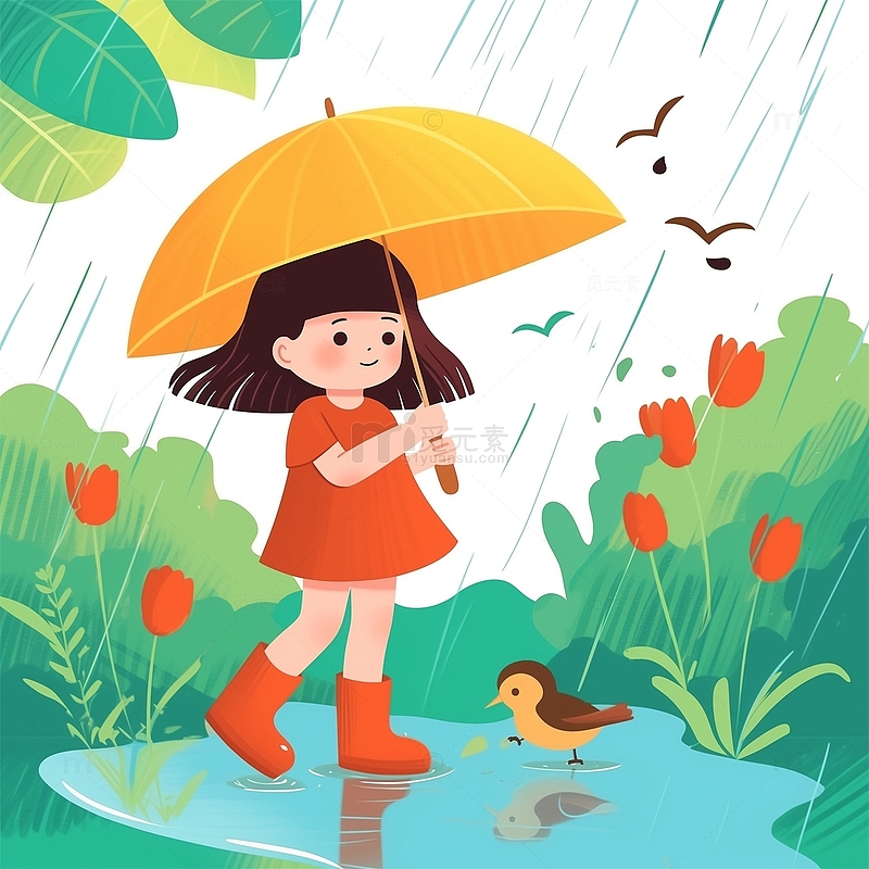 小女孩雨天打伞卡通元素