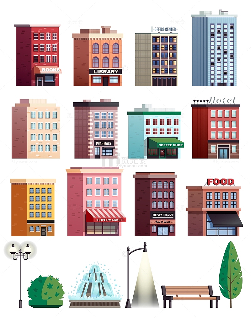 城市商业建筑公园插画元素