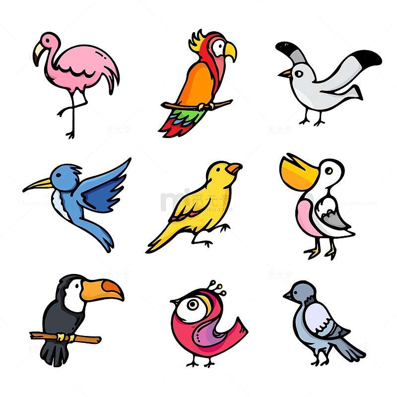 可爱的彩色卡通小鸟组合