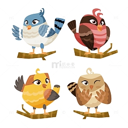 手绘站在树枝上的知更鸟组合