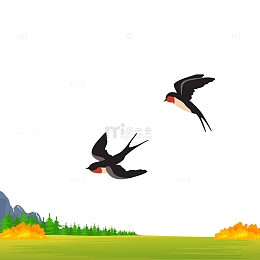 两只卡通的燕子飞翔在秋天的田地上