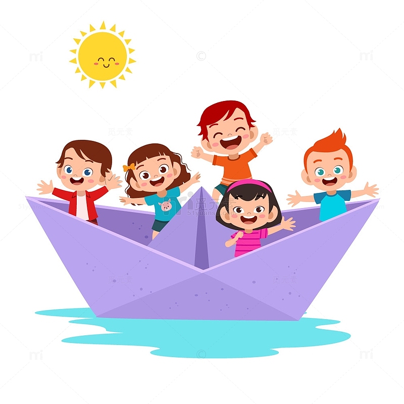 紫色小船中坐着的孩子们