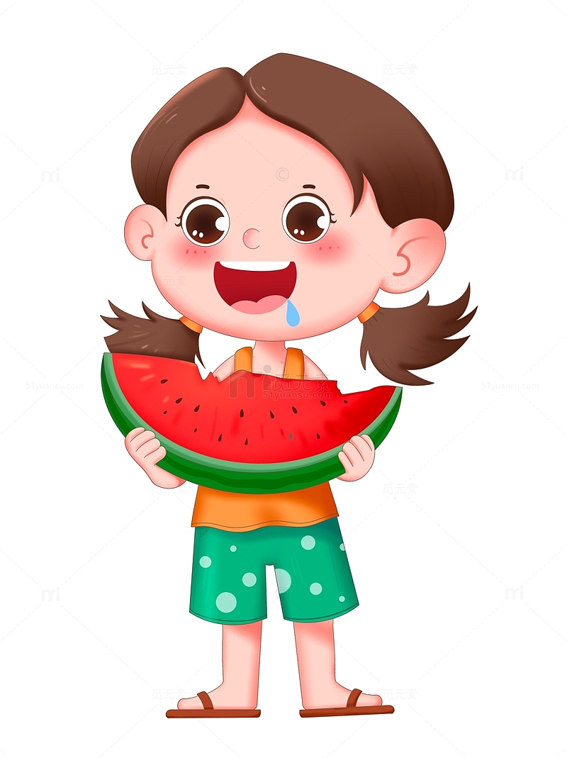 手绘夏季可爱小女孩吃西瓜可爱人物形象