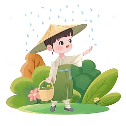 戴草帽的谷雨人物场景