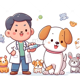 在宠物店给小狗打针的兽医
