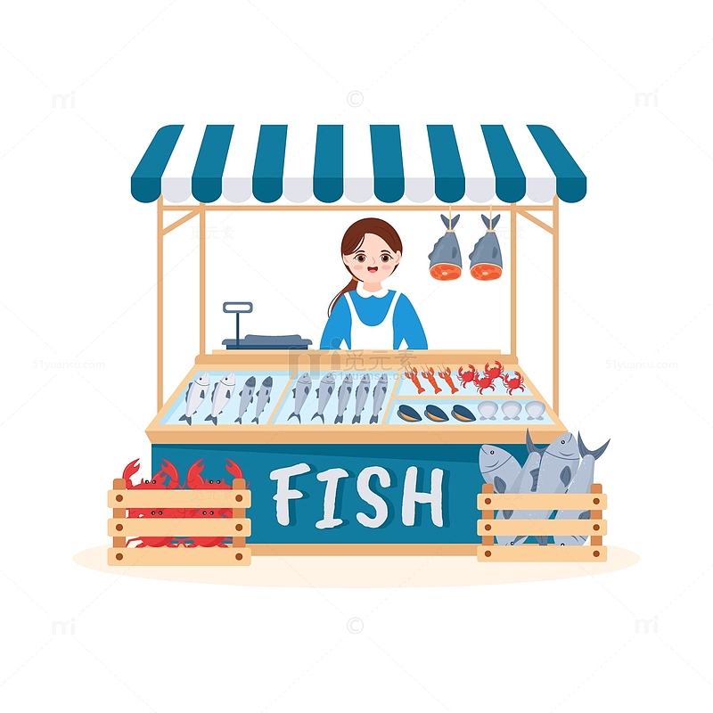 手绘市场的出售鱼类海鲜摊位