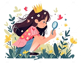 拿放大镜观察自然的女孩