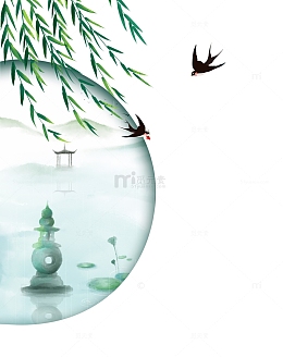 杭州西湖美景谷雨手绘元素