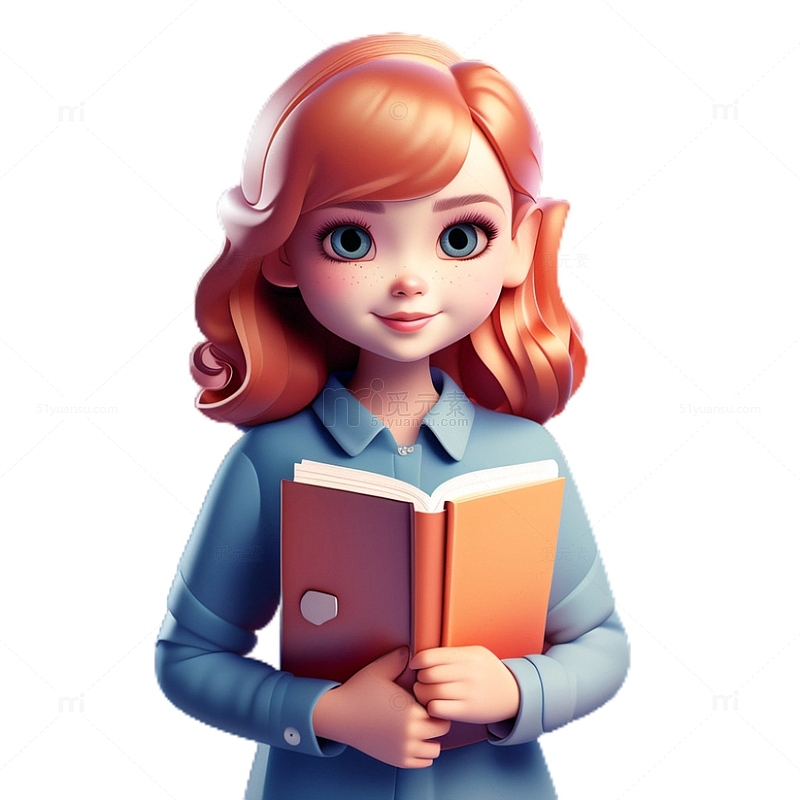3D立体卡通小女孩拿着书本