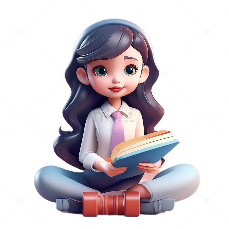 3D立体卡通小女孩拿着书本打领带