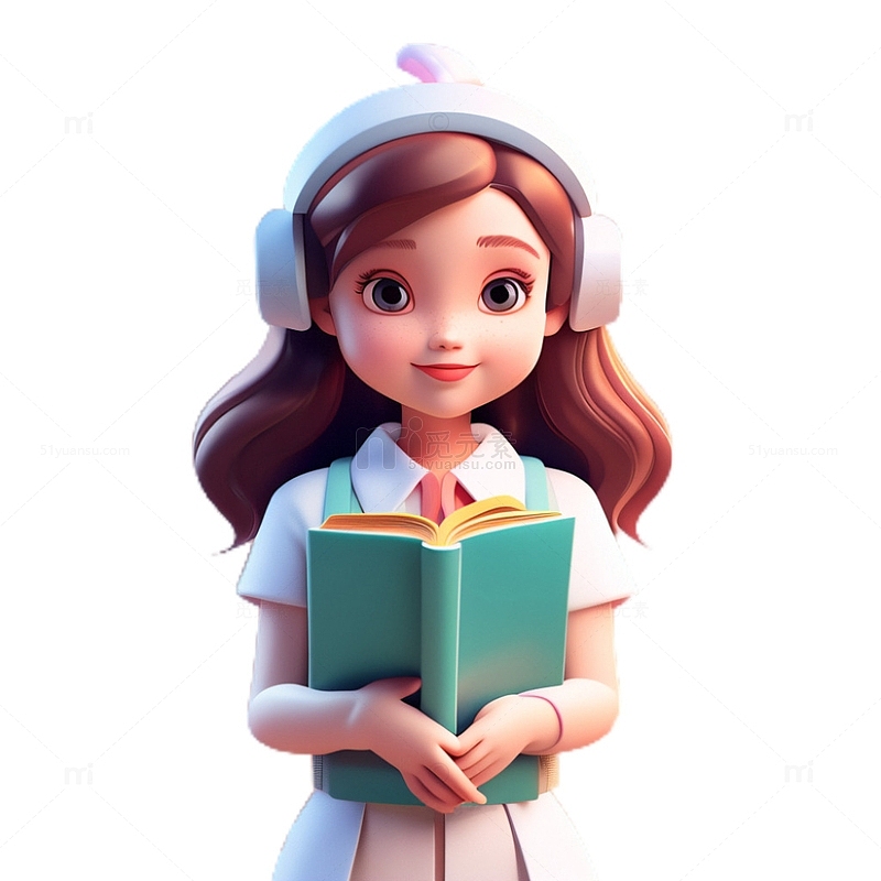 3D立体卡通小女孩拿着书本耳机