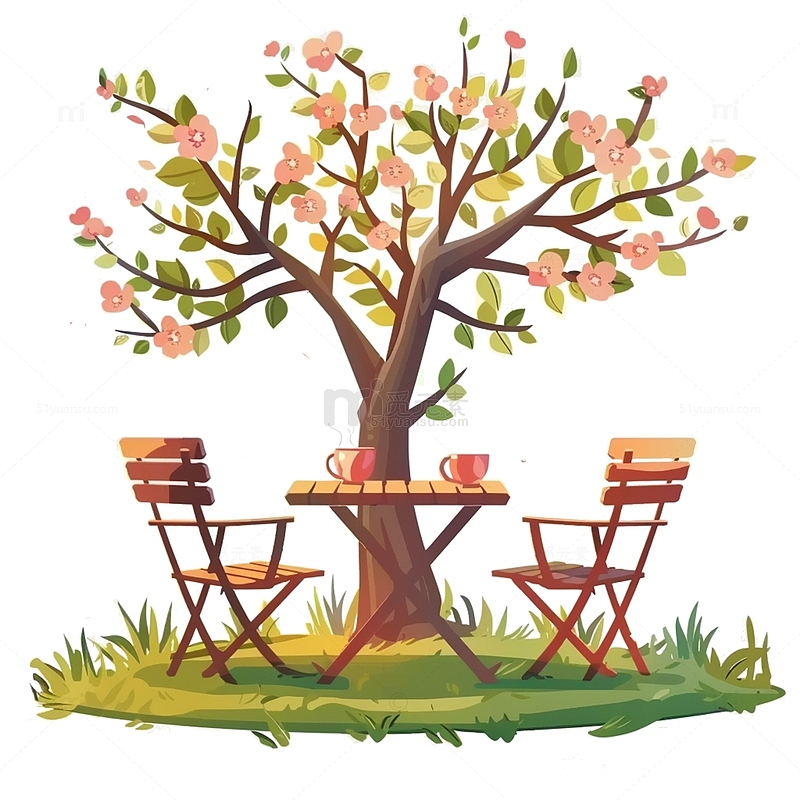 桃花树下的休闲座椅